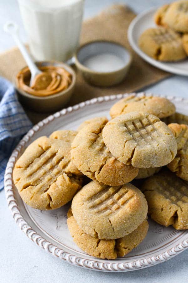 Overhead shot of soft peanut butter cookies on a serving tray