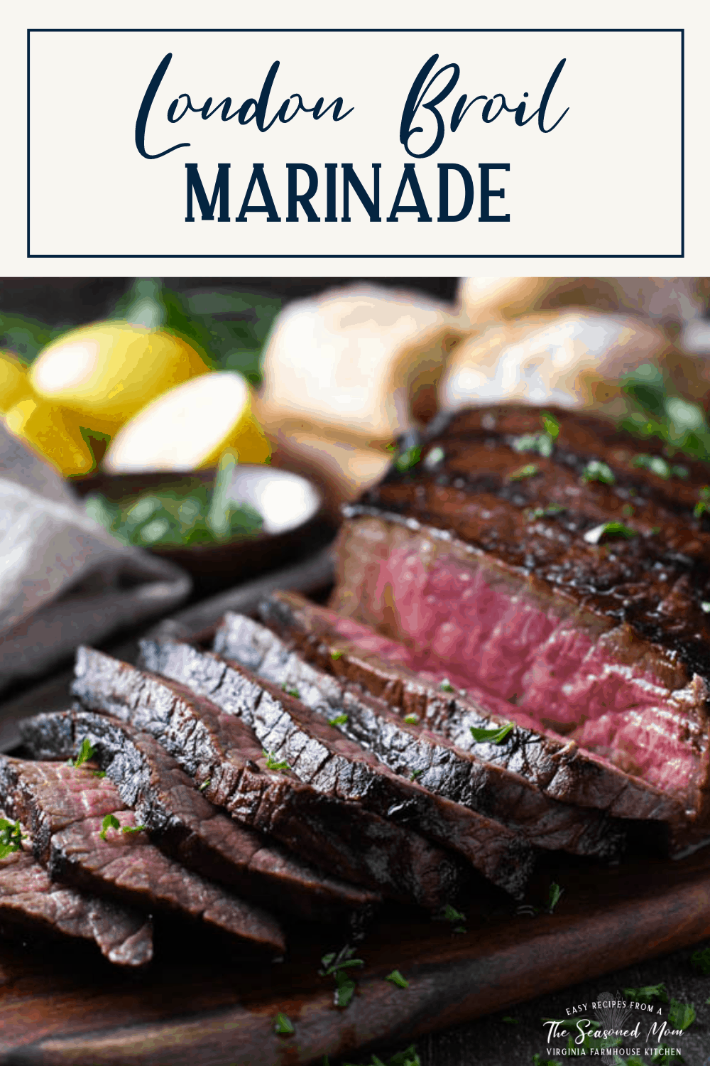 Best london broil marinade with text title box at the top