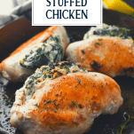 Front shot of stuffed chicken breast with cream cheese in a skillet with text title overlay