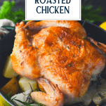Crispy roast chicken with text title overlay