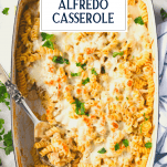 Overhead image of a pan of chicken alfredo casserole with text title overlay