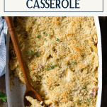 Overhead shot of a pan of chicken cordon bleu casserole with text title box at top