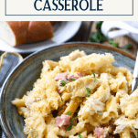 Bowl of chicken cordon bleu casserole with text title box at top