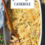 Overhead shot of a pan of chicken cordon bleu casserole with pasta and text title overlay