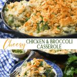 Long collage image of cheesy chicken and broccoli casserole with rice