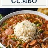 Long collage image of chicken and sausage gumbo with text title box at top.