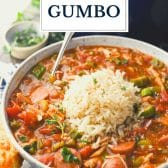 Long collage image of chicken and sausage gumbo with text title overlay.
