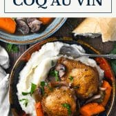 Coq au vin with text title box at top.