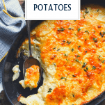 Easy au gratin potatoes in a dish with text title overlay