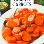 Front shot of glazed carrots on a white pan with text title overlay