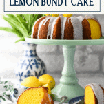 Two slices of the best lemon bundt cake recipe with a text title box at the top