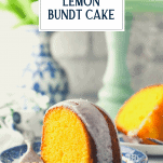 Slice of Duncan Hines Lemon Bundt Cake on a small plate with text title overlay