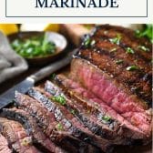 Sliced marinated london broil with text title box at top