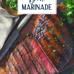 Overhead shot of the best london broil marinade recipe with text title overlay