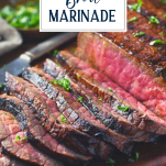 Side shot of a sliced grilled london broil with text title overlay