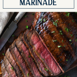 Overhead shot of sliced london broil with text title box at top