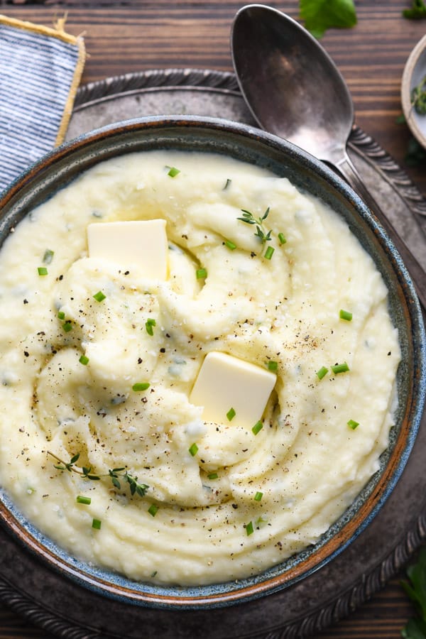 Close overhead image of a bowl of the best mashed potato recipe