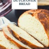 No knead Dutch oven bread with text title overlay.