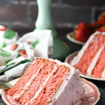 Close up side shot of a slice of the best old fashioned strawberry cake recipe