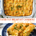 Long collage image of tater tot breakfast casserole