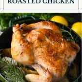 Crispy whole roasted chicken with text title box at top