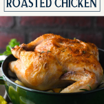 Whole roasted chicken with text title box at top