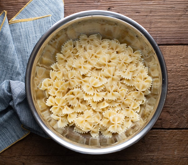 Bowl of cooked bow tie pasta