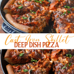 Long collage image of cast iron skillet pizza