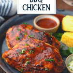 Shot of grilled bbq chicken with text title overlay
