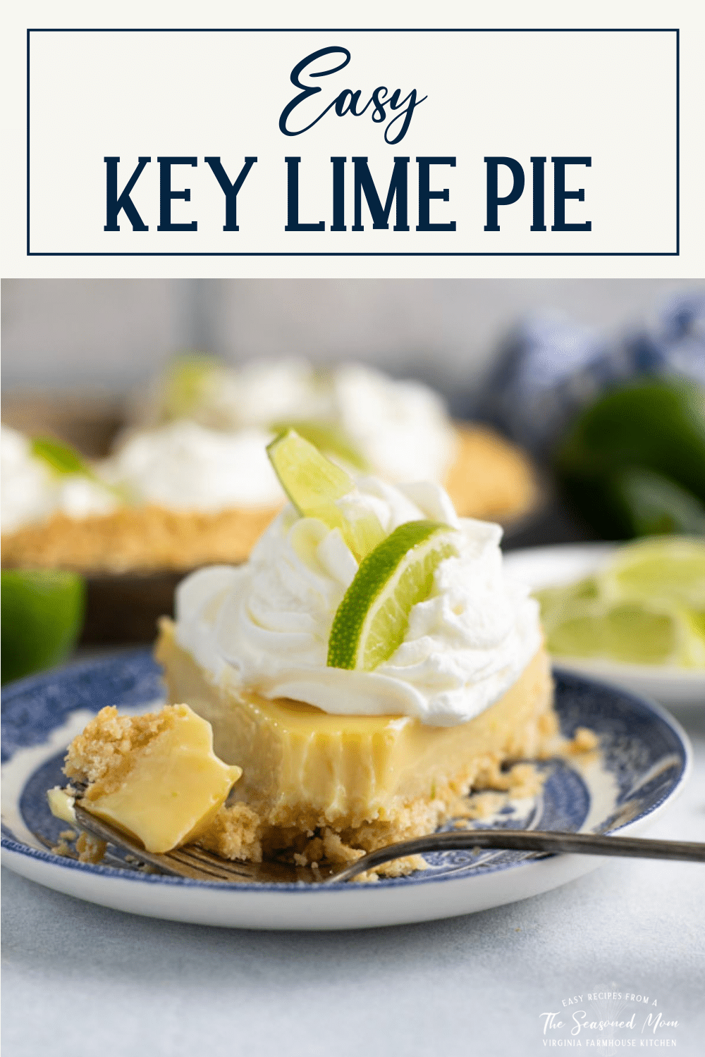 Front shot of the best key lime pie on a plate with text title box over the top