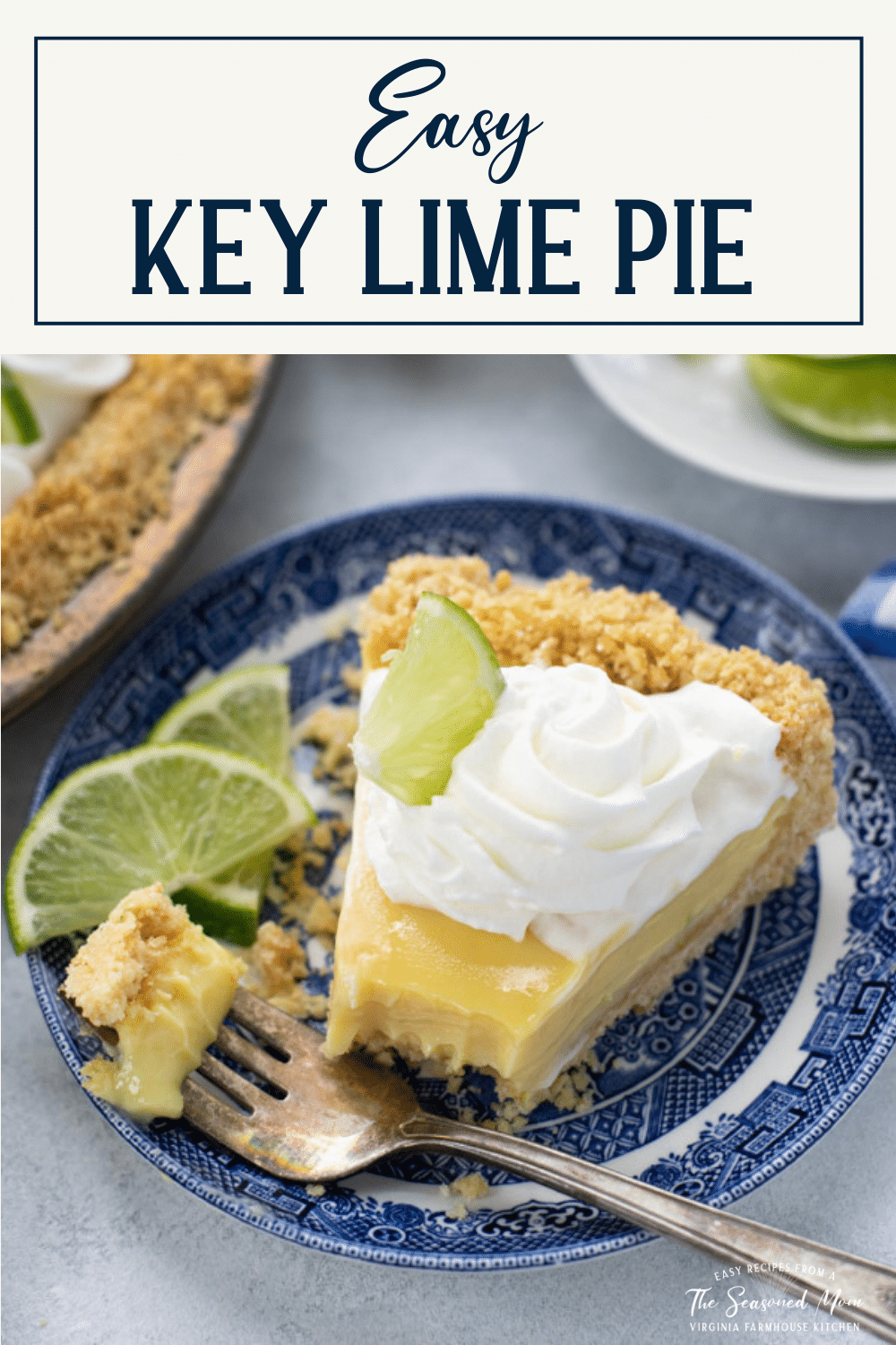 Slice of the best key lime pie recipe on a plate with text title overlay