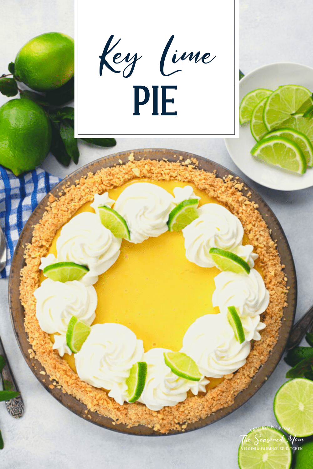 Overhead shot of a whole authentic key lime pie recipe with text title overlay