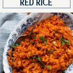 Overhead image of Gullah red rice with text title box at top