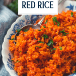 Bowl of Charleston red rice with text title overlay