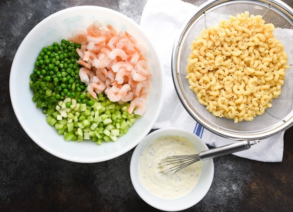 Overhead shot of ingredients for shrimp pasta salad recipe