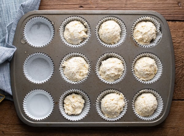 Overhead process shot showing how to make sour cream muffins