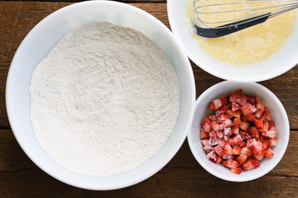 Overhead shot of ingredients for strawberry bread