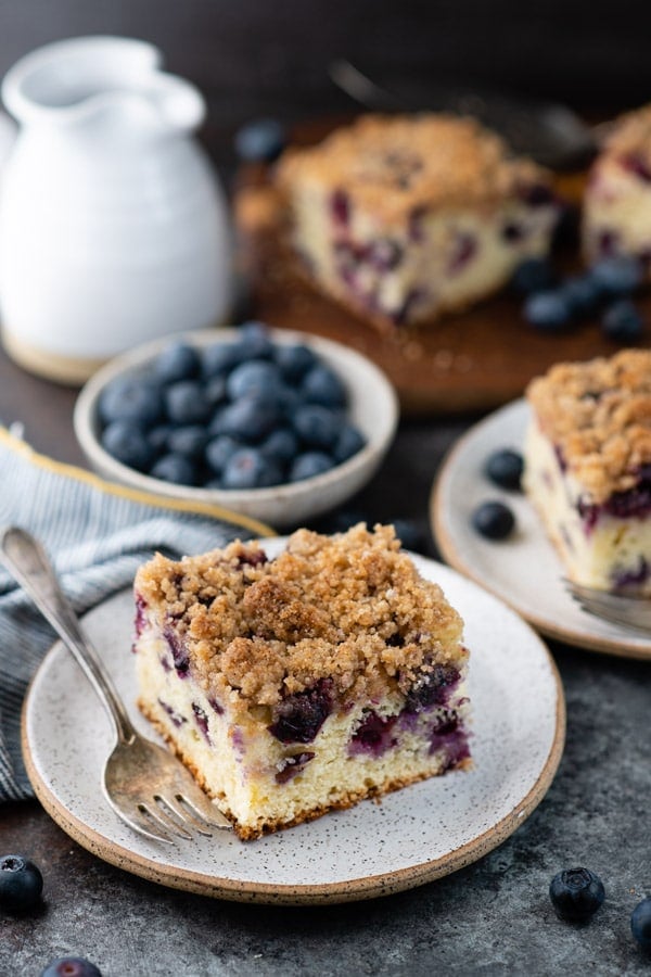 Moist blueberry buckle on a white plate