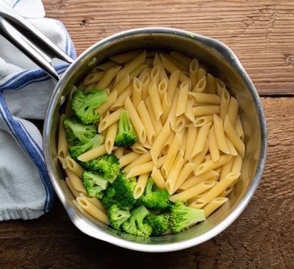 Penne pasta and broccoli in a pan