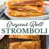 Long collage image of crescent roll stromboli.
