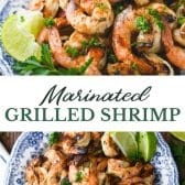 Long collage image of marinated grilled shrimp recipe