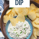 Homemade onion dip on a platter with text title overlay
