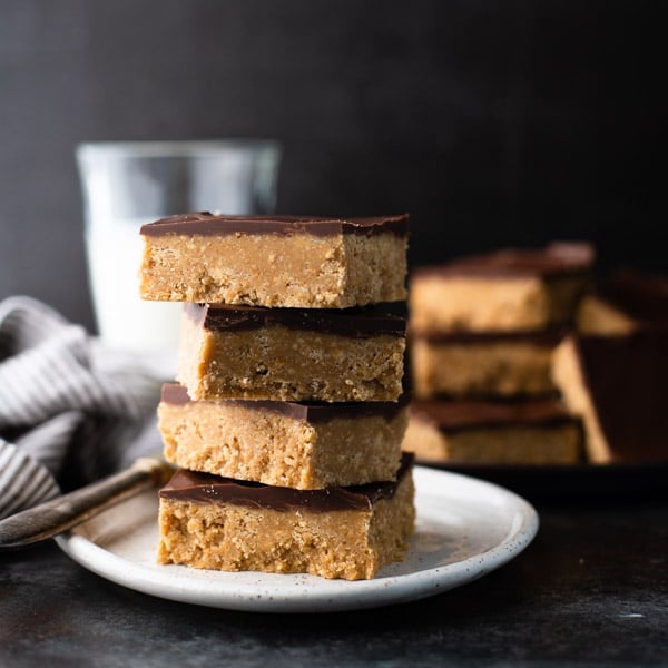 Square image of a stack of old fashioned peanut butter bars