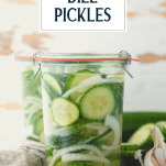 Side shot of a jar of quick pickles with text title overlay