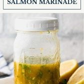 Jar of salmon marinade with text title box at top