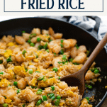 Pan of shrimp fried rice with text title box at top