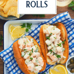 Overhead image of a platter of homemade New England shrimp rolls with text title overlay