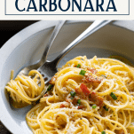 Close up side shot of the best spaghetti carbonara with text title box at top