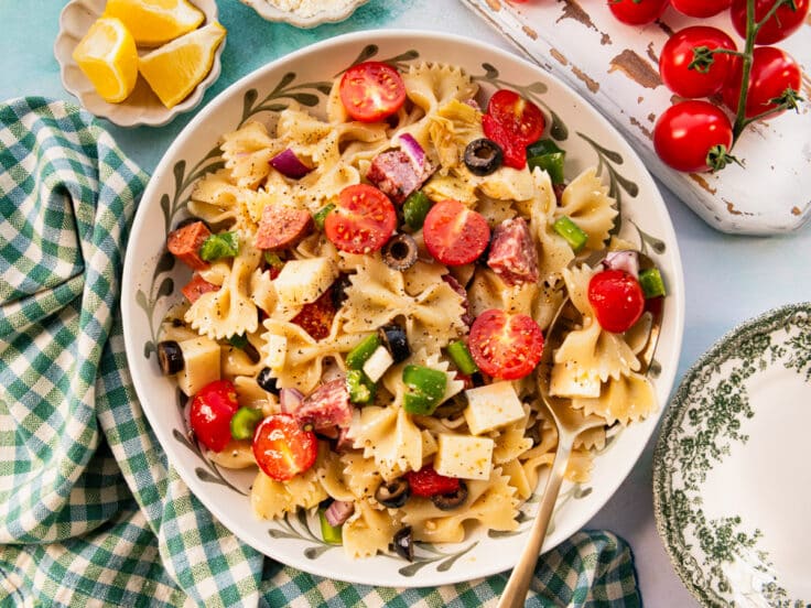 Horizontal overhead image of a bowl of antipasto pasta salad.