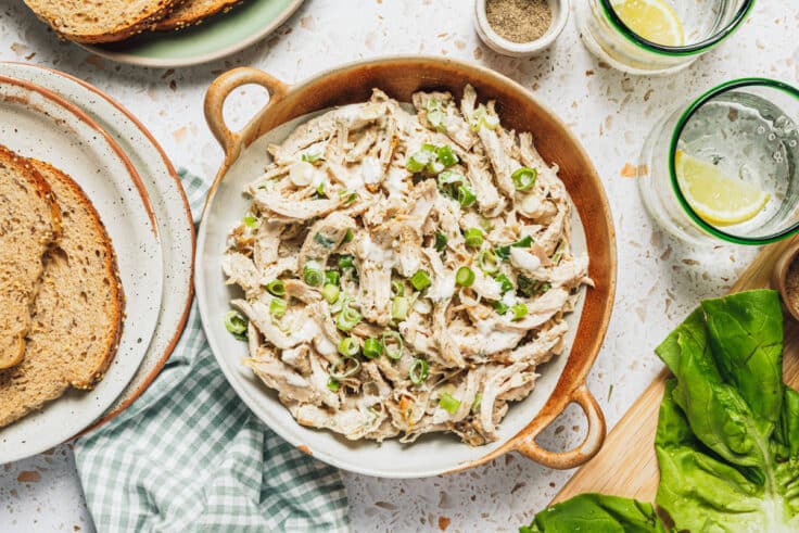 Horizontal overhead shot of a bowl of the best chicken salad.